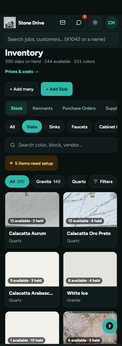Current Stone Drive mobile inventory screen