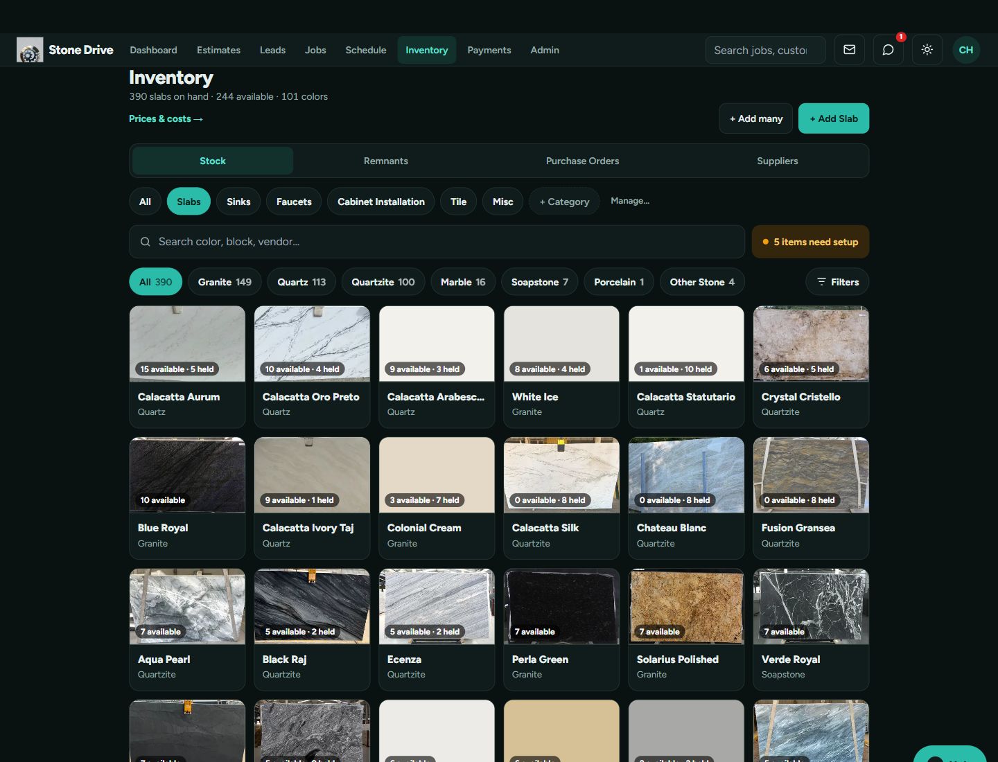 Affordable Quality’s live slab inventory with photo cards and material filters