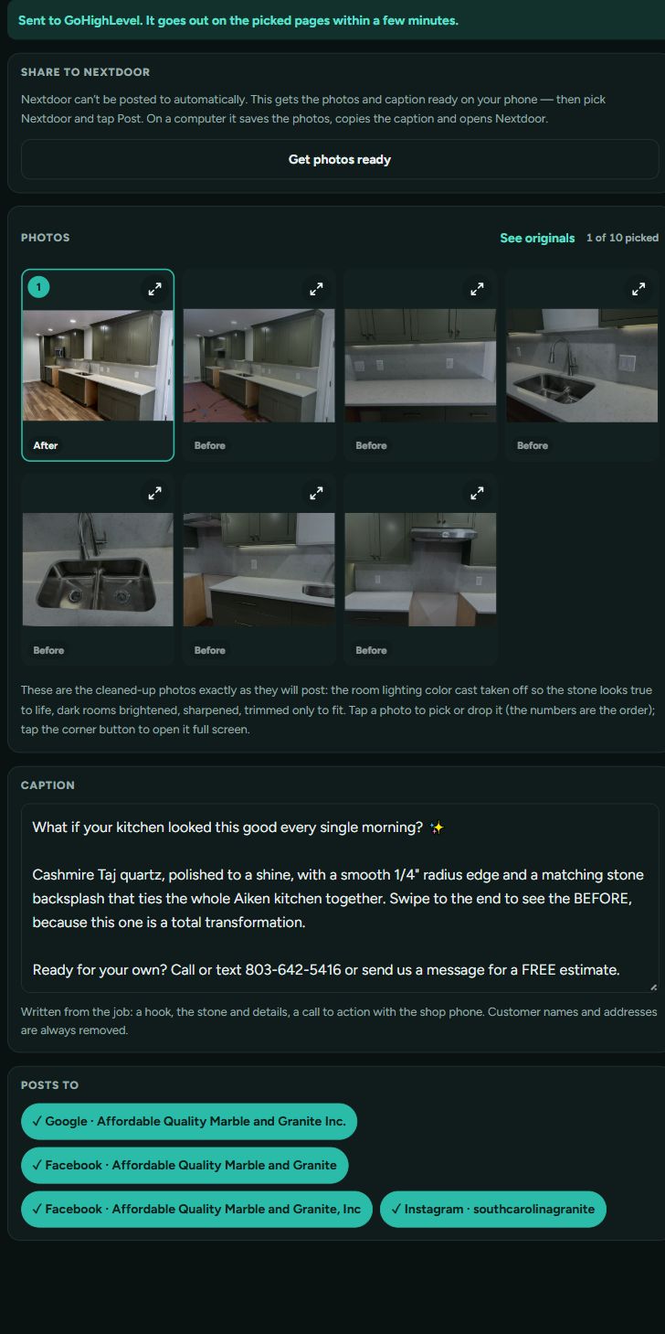 Affordable Quality’s real social post, showing installation photos, caption and Google, Facebook and Instagram destinations